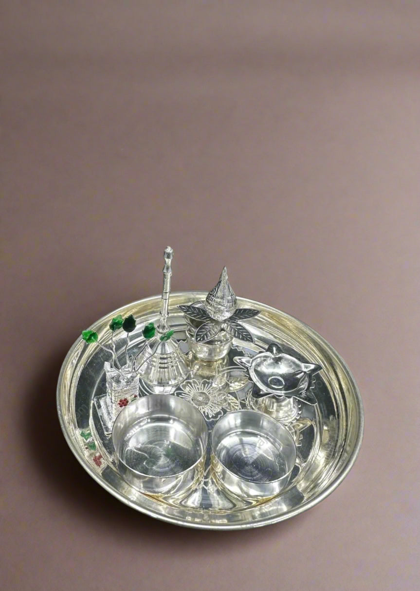 german silver small pooja thali set for festival/ housewarming pooja, 7 pieces